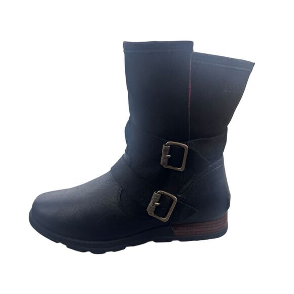 Sorel Women 7 38 Major Moto Fold Over Boot Suede Black Leather buckles Plaid - Picture 10 of 16